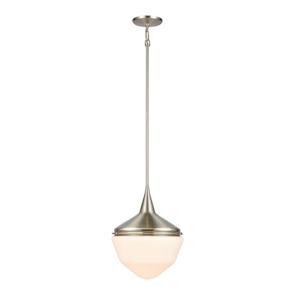 Atlas Lighting Mid-Century Schoolhouse 12in 1-Light Mini Pendant | Satin Nickel and White Frosted Glass | Kitchen Island & Dining | Model CL11636-NK