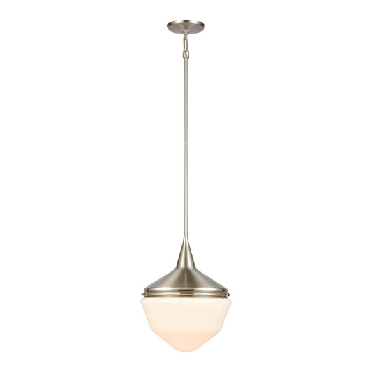 Atlas Lighting Mid-Century Schoolhouse 12in 1-Light Mini Pendant | Satin Nickel and White Frosted Glass | Kitchen Island & Dining | Model CL11636-NK