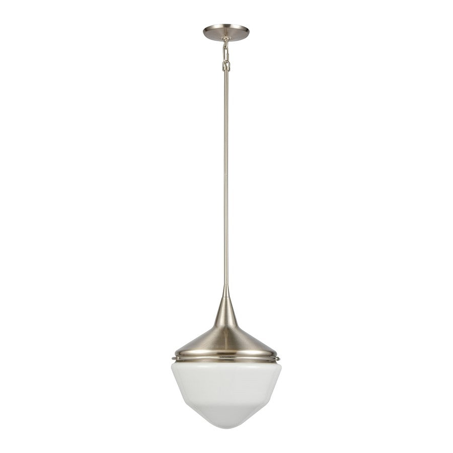 Atlas Lighting Mid-Century Schoolhouse 12in 1-Light Mini Pendant | Satin Nickel and White Frosted Glass | Kitchen Island & Dining | Model CL11636-NK
