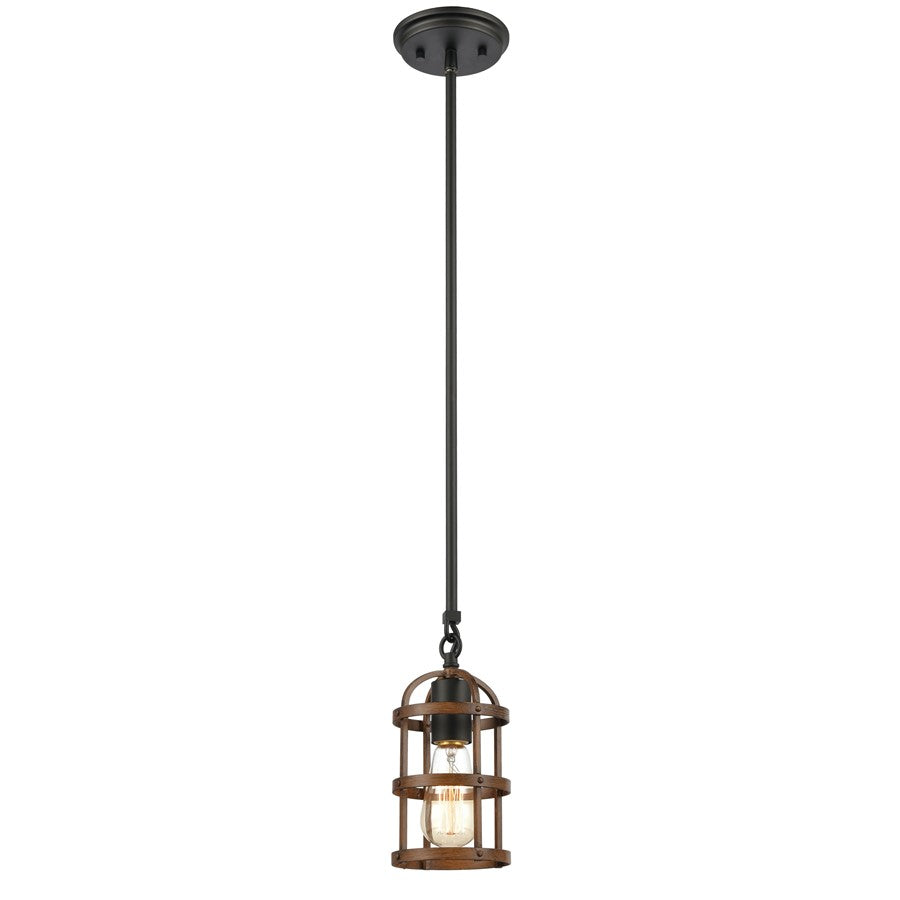 Atlas Lighting Millville 5in 1-Light Mini Pendant | Transitional Matte Black and Dark Oak Metal Cage | Kitchen Island & Dining | Model CL11638-BK