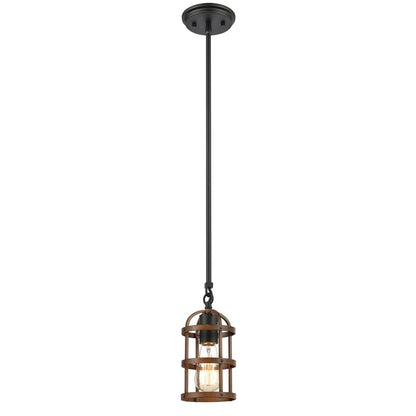 Atlas Lighting Millville 5in 1-Light Mini Pendant | Transitional Matte Black and Dark Oak Metal Cage | Kitchen Island & Dining | Model CL11638-BK