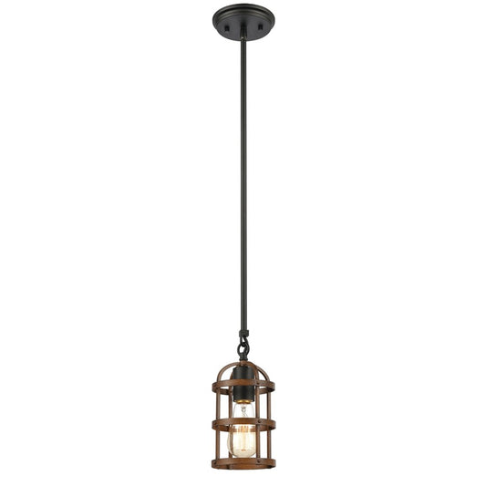 Atlas Lighting Millville 5in 1-Light Mini Pendant | Transitional Matte Black and Dark Oak Metal Cage | Kitchen Island & Dining | Model CL11638-BK