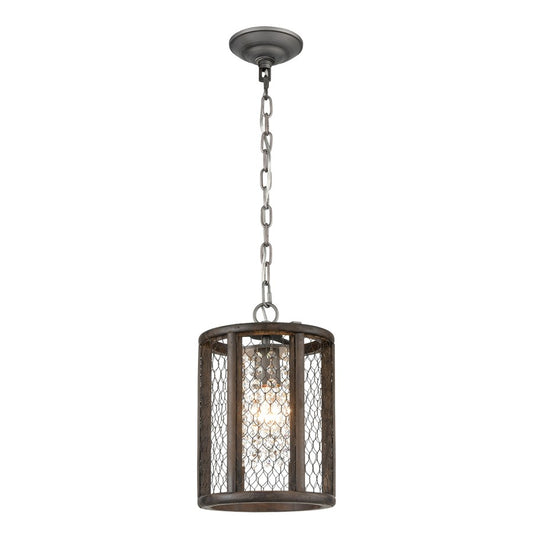 Atlas Lighting Renaissance Invention 8in 1-Light Mini Pendant | Rustic Aged Wood and Weathered Zinc with Brown Metal Shade | Model CL11668-BN