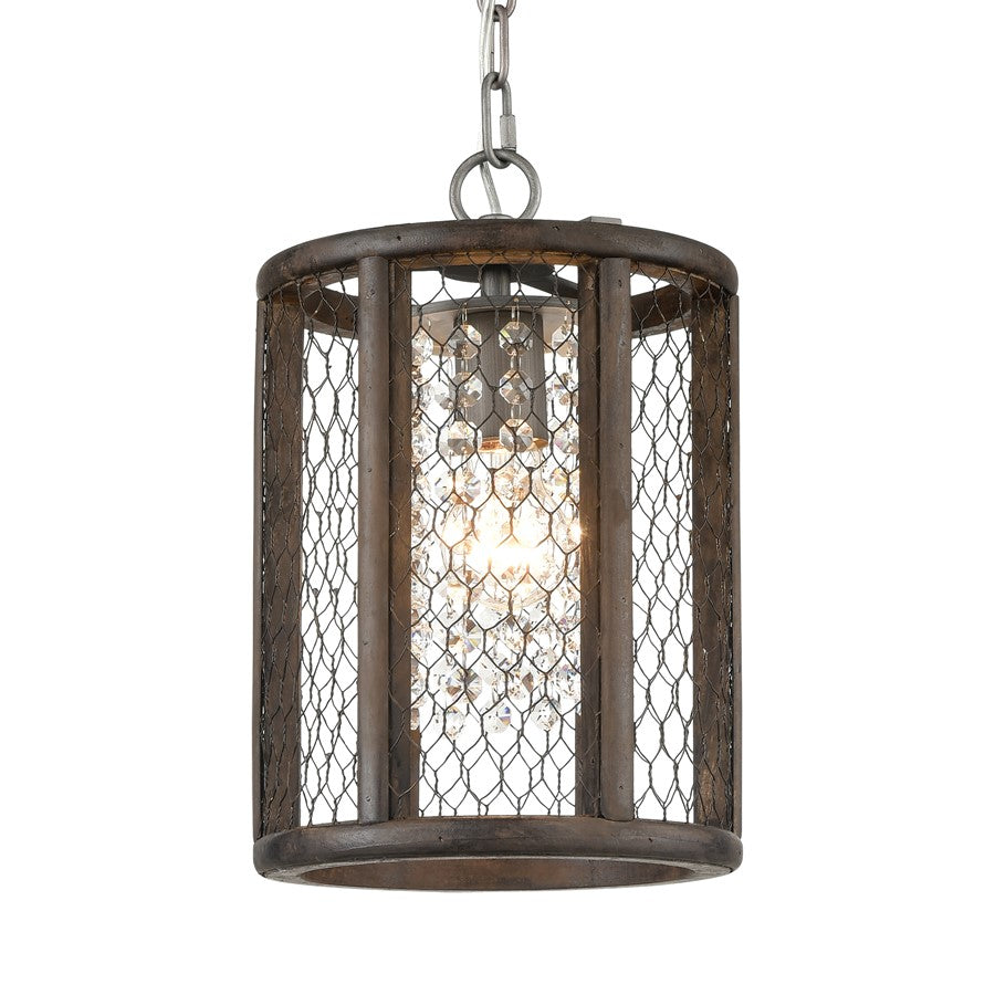 Atlas Lighting Renaissance Invention 8in 1-Light Mini Pendant | Rustic Aged Wood and Weathered Zinc with Brown Metal Shade | Model CL11668-BN