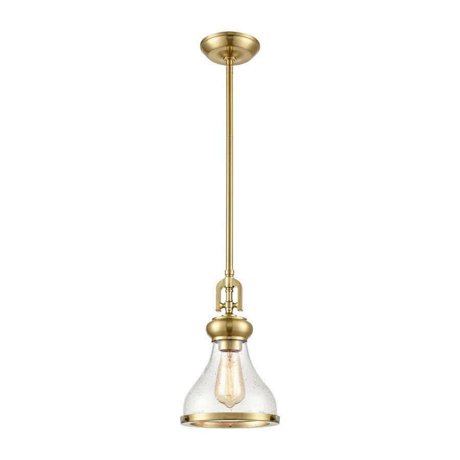 Atlas Lighting Rutherford 8in 1-Light Mini Pendant | Transitional Satin Brass and Clear Seeded Glass | Kitchen Island & Dining | Model CL11671-BS