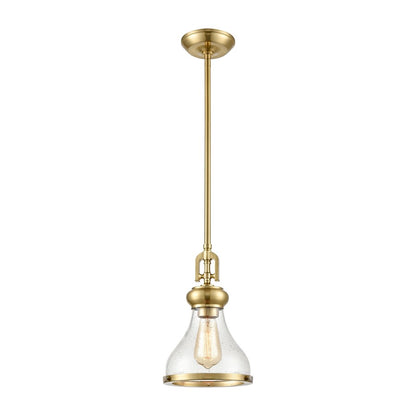 Atlas Lighting Rutherford 8in 1-Light Mini Pendant | Transitional Satin Brass and Clear Seeded Glass | Kitchen Island & Dining | Model CL11671-BS