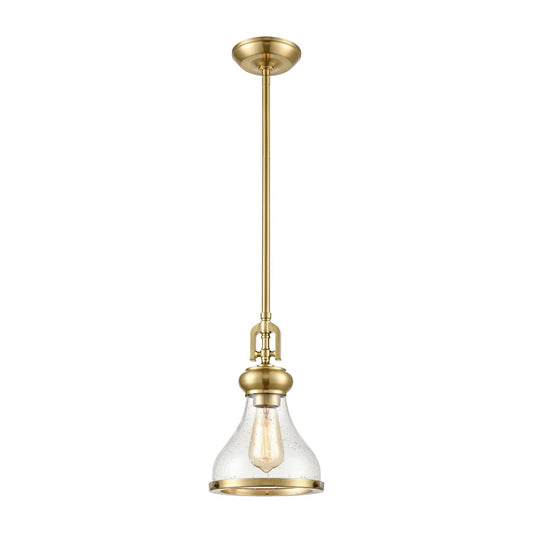 Atlas Lighting Rutherford 8in 1-Light Mini Pendant | Transitional Satin Brass and Clear Seeded Glass | Kitchen Island & Dining | Model CL11671-BS