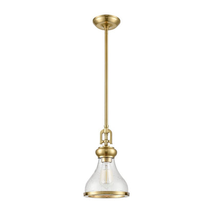 Atlas Lighting Rutherford 8in 1-Light Mini Pendant | Transitional Satin Brass and Clear Seeded Glass | Kitchen Island & Dining | Model CL11671-BS