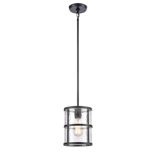 Atlas Lighting Solace 7in 1-Light Mini Pendant | Transitional Matte Black and Clear Ripple Glass | Kitchen Island & Dining Room | Model CL11679-BK