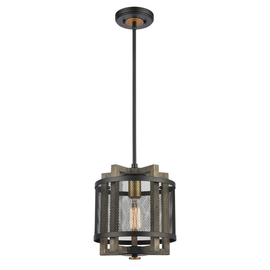 Atlas Lighting Woodbridge 10in 1-Light Mini Pendant | Matte Black and Weathered Oak Metal | Kitchen Island & Dining Room | Model CL11722-BK