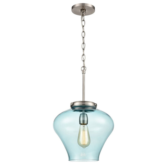 Atlas Lighting Amore 12in 1-Light Pendant | Modern Satin Nickel and Blue Glass | Kitchen Island & Dining Room | 12 x 12 x 13 in | Model CL11727-NK