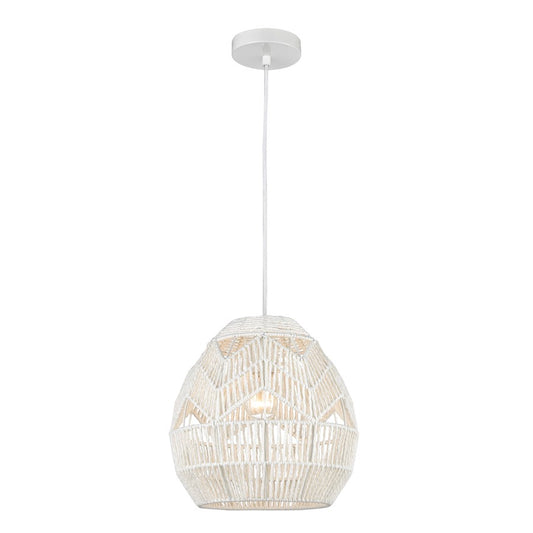 Atlas Lighting Boho 12in 1-Light Mini Pendant | Transitional White Paper Rope Dome | Kitchen Island & Dining Room | 12 x 12 x 12 in | Model CL11734-WH