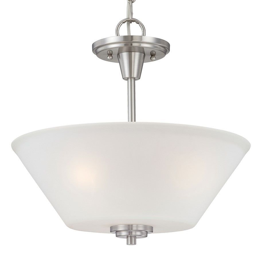 Atlas Lighting Pittman 15in 2-Light Pendant | Transitional Brushed Nickel and White Frosted Glass | Kitchen Island & Dining Room | Model CL11813-NK