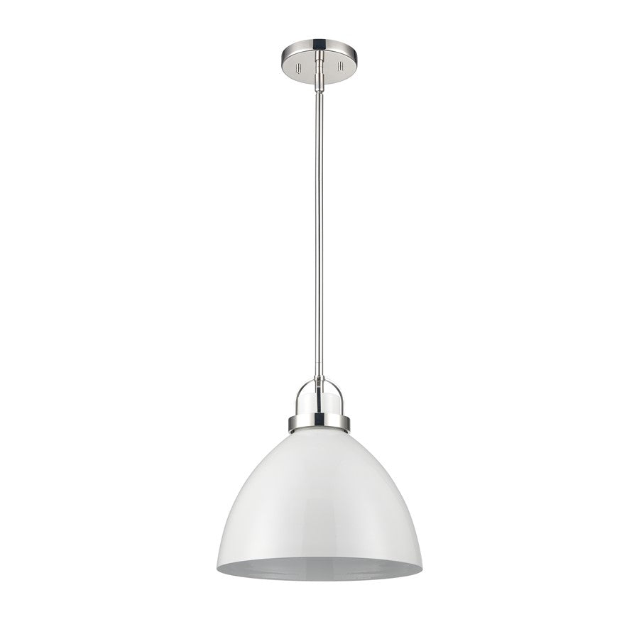 Atlas Lighting Somerville 12in 1-Light Pendant | Transitional Gloss White and Polished Nickel Metal | Kitchen Island & Dining | Model CL11828-WH1