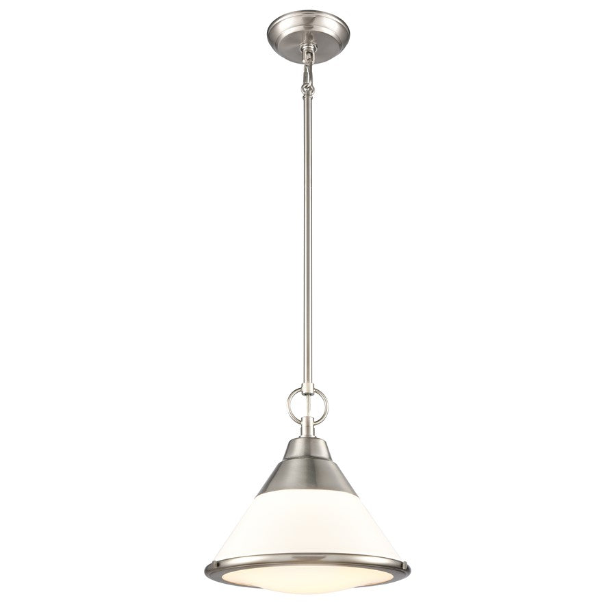 Atlas Lighting Sven 12in 1-Light Pendant | Transitional Satin Nickel and White Glass | Kitchen Island & Dining Room | Model CL11832-NK