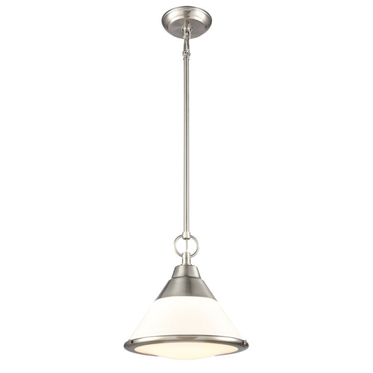 Atlas Lighting Sven 12in 1-Light Pendant | Transitional Satin Nickel and White Glass | Kitchen Island & Dining Room | Model CL11832-NK