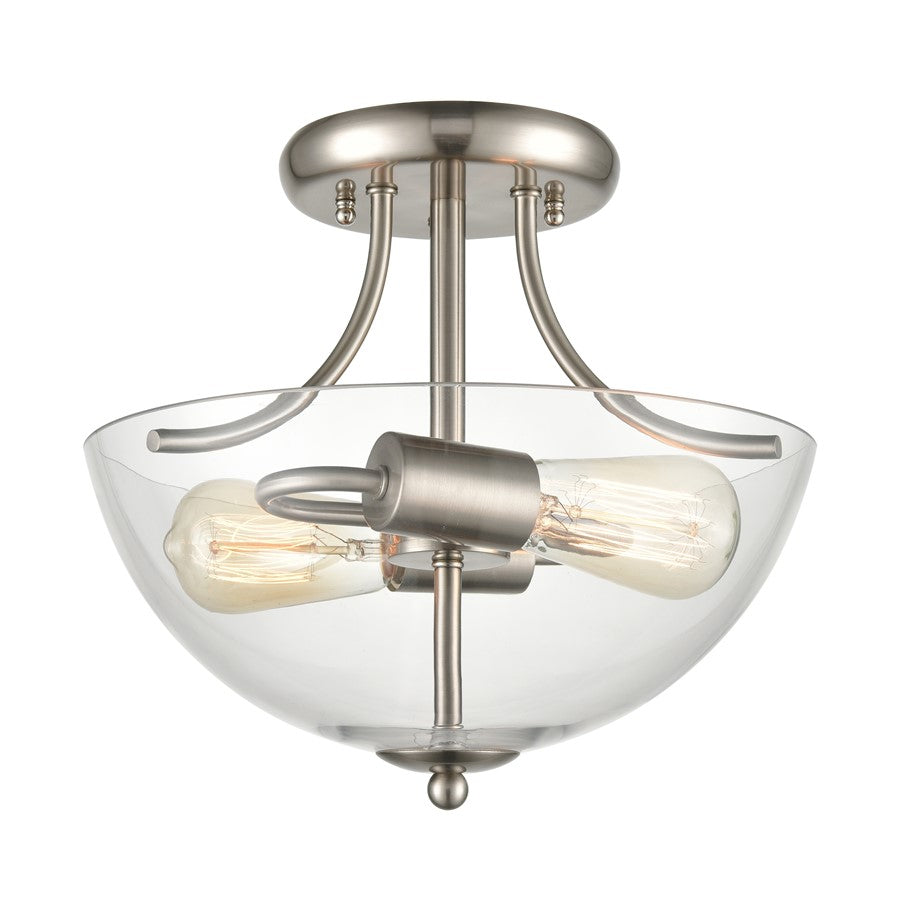 Atlas Lighting Astoria 15in 2-Light Semi Flush Mount | Transitional Brushed Nickel and Clear Glass | Entryway & Hallway | Model CL11859-NK