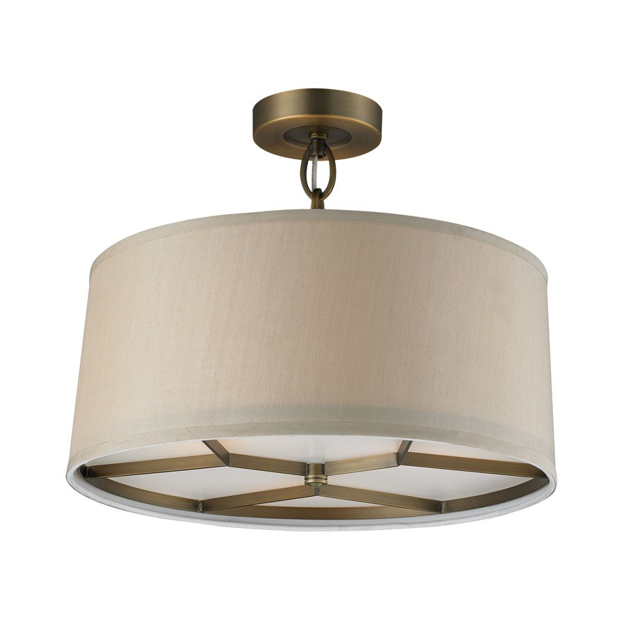 Atlas Lighting Baxter 16in 3-Light Semi Flush Mount | Transitional Brushed Antique Brass and Beige Fabric | Entryway & Hallway | Model CL11860-BS