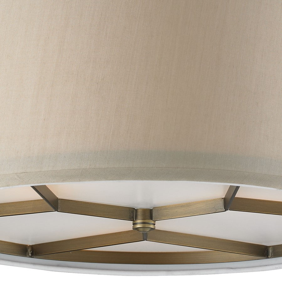 Atlas Lighting Baxter 16in 3-Light Semi Flush Mount | Transitional Brushed Antique Brass and Beige Fabric | Entryway & Hallway | Model CL11860-BS