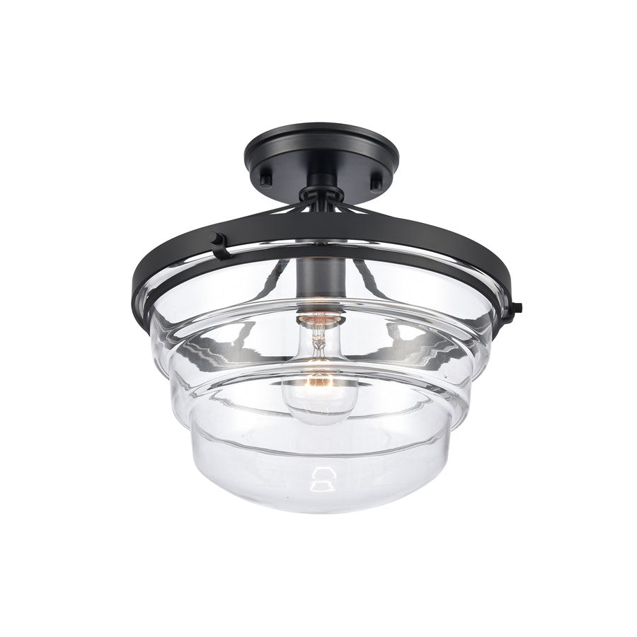 Atlas Lighting Boyer 12in 1-Light Semi Flush Mount | Transitional Matte Black and Clear Glass | Entryway & Bedroom Ceiling Light | Model CL11863-BK