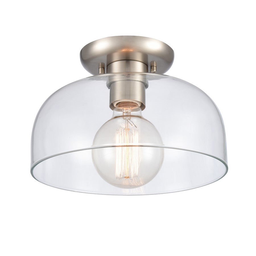 Atlas Lighting Brewer 10in 1-Light Semi Flush Mount | Transitional Brushed Nickel and Clear Glass | Kitchen & Bathroom Ceiling | Model CL11864-NK