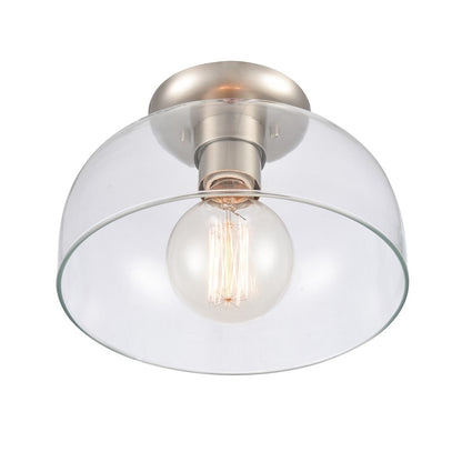 Atlas Lighting Brewer 10in 1-Light Semi Flush Mount | Transitional Brushed Nickel and Clear Glass | Kitchen & Bathroom Ceiling | Model CL11864-NK