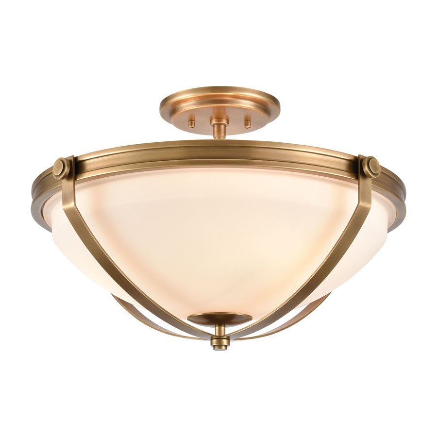 Atlas Lighting Connelly 19in 3-Light Semi Flush Mount | Traditional Natural Brass and White Glass | Dining Room & Living Room | Model CL11878-BS