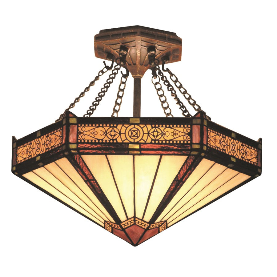 Atlas Lighting Filigree 14in 3-Light Semi-Flush Mount | Traditional Aged Bronze and Amber Tiffany Glass | Dining Room & Entryway | Model CL11886-BZ