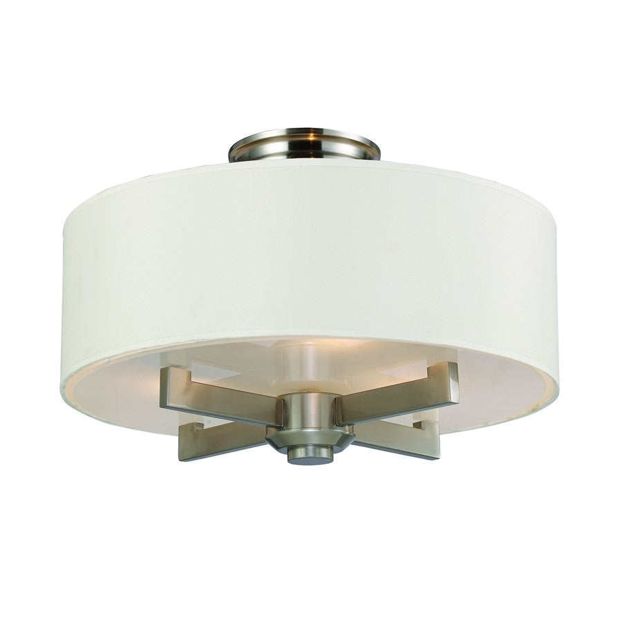 Atlas Lighting Seven Springs 18in 3-Light Semi-Flush | Transitional Satin Nickel and White Fabric Shade | Hallway & Bedroom | Model CL11913-NK