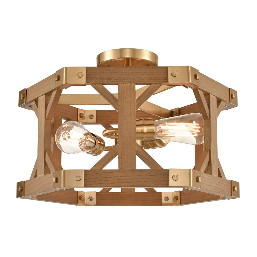Atlas Lighting Structure 18in 3-Light Semi-Flush | Traditional Satin Brass and Medium Oak Wood | Kitchen & Dining Room Ceiling | Model CL11915-BS