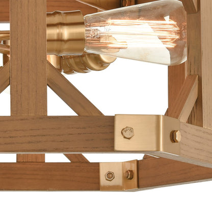 Atlas Lighting Structure 18in 3-Light Semi-Flush | Traditional Satin Brass and Medium Oak Wood | Kitchen & Dining Room Ceiling | Model CL11915-BS