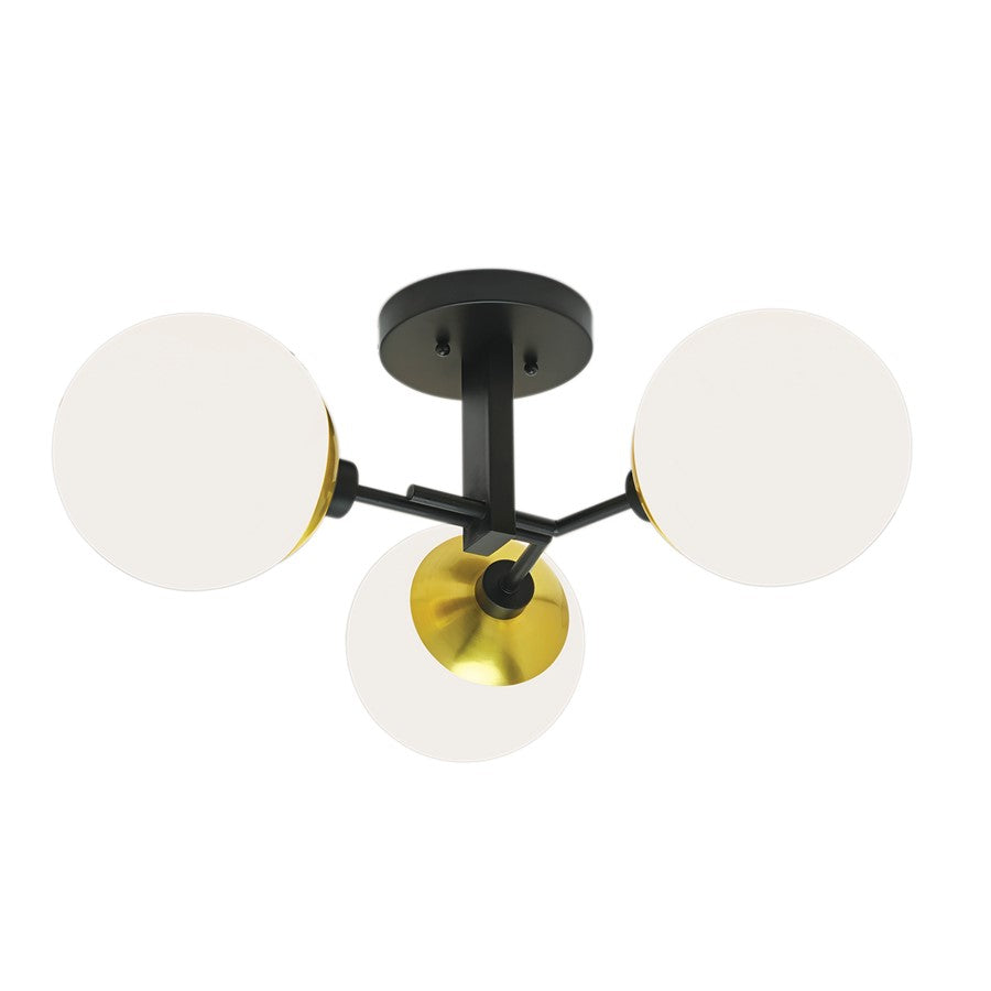 Atlas Lighting Triple Play 24in 3-Light Semi Flush Mount | Polished Brass and Matte Black with White Glass Shades | Bedroom | Model CL11920-BS