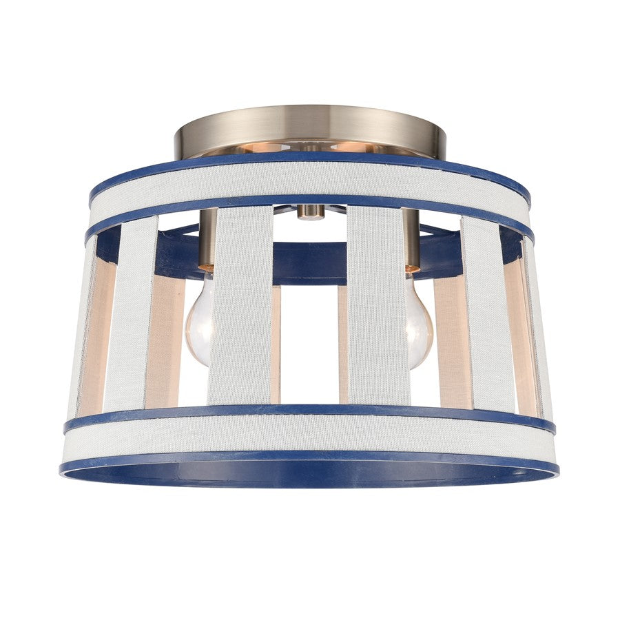 Atlas Lighting White Burlap 14in 2-Light Semi Flush Mount | Coastal Ocean Blue and White Burlap Shade | Bedroom & Hallway | Model CL11923-WH