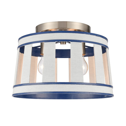 Atlas Lighting White Burlap 14in 2-Light Semi Flush Mount | Coastal Ocean Blue and White Burlap Shade | Bedroom & Hallway | Model CL11923-WH