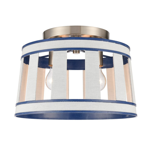 Atlas Lighting White Burlap 14in 2-Light Semi Flush Mount | Coastal Ocean Blue and White Burlap Shade | Bedroom & Hallway | Model CL11923-WH