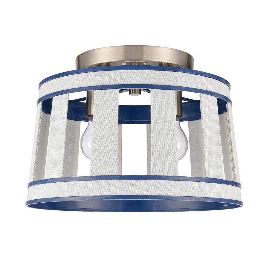 Atlas Lighting White Burlap 14in 2-Light Semi Flush Mount | Coastal Ocean Blue and White Burlap Shade | Bedroom & Hallway | Model CL11923-WH