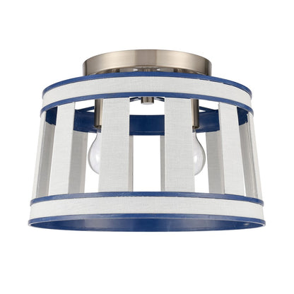 Atlas Lighting White Burlap 14in 2-Light Semi Flush Mount | Coastal Ocean Blue and White Burlap Shade | Bedroom & Hallway | Model CL11923-WH
