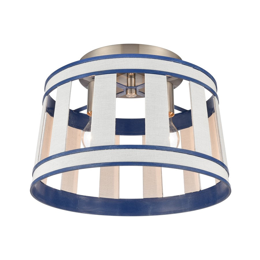 Atlas Lighting White Burlap 14in 2-Light Semi Flush Mount | Coastal Ocean Blue and White Burlap Shade | Bedroom & Hallway | Model CL11923-WH
