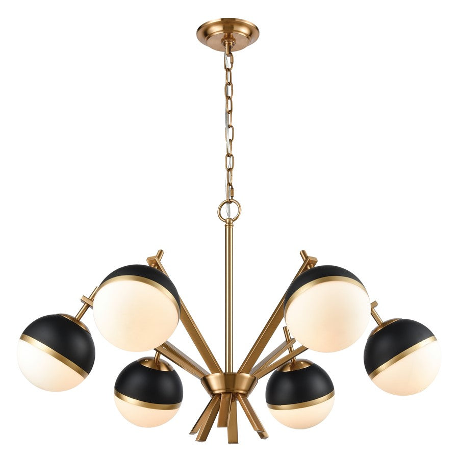 Atlas Lighting Blind Tiger 32in 6-Light Chandelier | Art Deco Aged Brass and Black with White Frosted Glass | Dining Room & Living | Model CL11984-BS