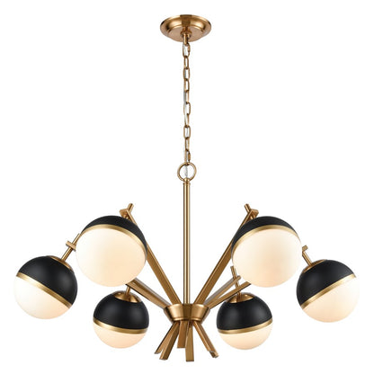 Atlas Lighting Blind Tiger 32in 6-Light Chandelier | Art Deco Aged Brass and Black with White Frosted Glass | Dining Room & Living | Model CL11984-BS