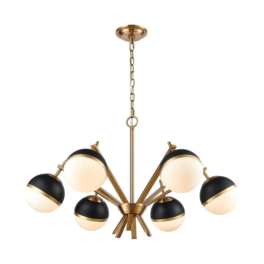 Atlas Lighting Blind Tiger 32in 6-Light Chandelier | Art Deco Aged Brass and Black with White Frosted Glass | Dining Room & Living | Model CL11984-BS