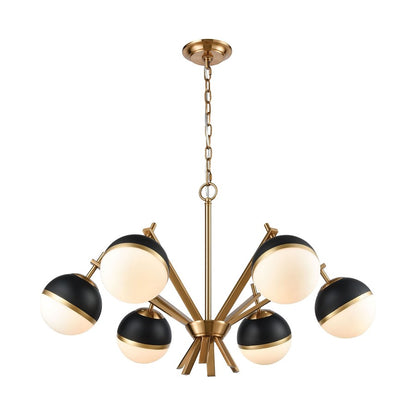Atlas Lighting Blind Tiger 32in 6-Light Chandelier | Art Deco Aged Brass and Black with White Frosted Glass | Dining Room & Living | Model CL11984-BS