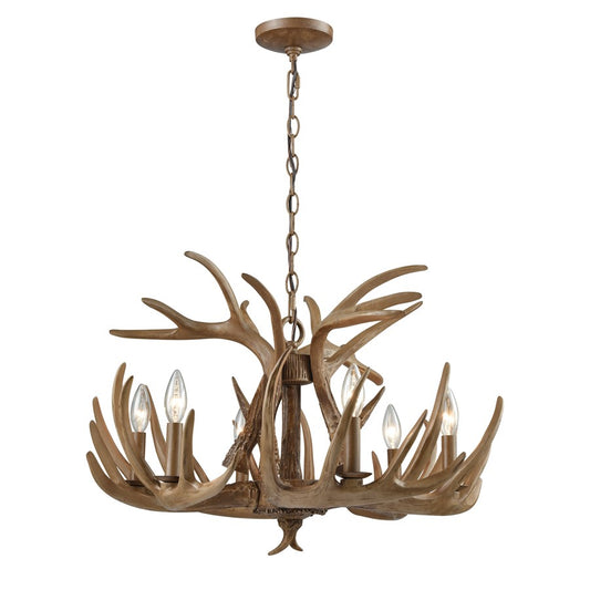 Atlas Elk 25in 6-Light Chandelier | Traditional Wood Tone Brown Composite | Dining Room & Living Room | 25 x 25 x 18 in | Model CL12222-BN