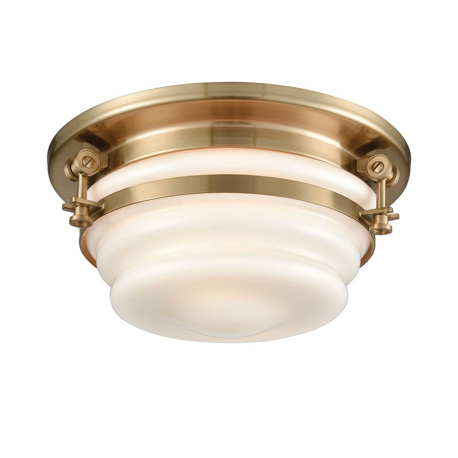 Atlas Lighting Riley 12in 2-Light Flush Mount | Transitional Satin Brass and White Glass | Entryway & Hallway | 12 x 12 x 6 in | Model CL12412-BS
