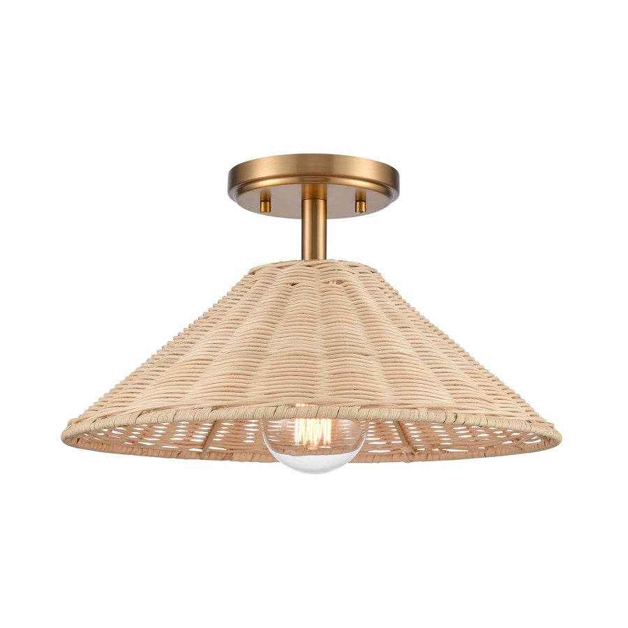 Atlas Lighting Rydell 14in 1-Light Semi-Flush Mount | Transitional Brushed Gold and Natural Rattan | Entryway & Hallway | Model CL12419-GD