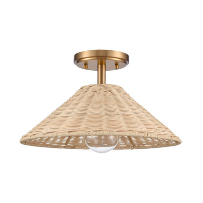 Atlas Lighting Rydell 14in 1-Light Semi-Flush Mount | Transitional Brushed Gold and Natural Rattan | Entryway & Hallway | Model CL12419-GD