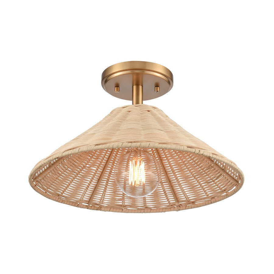 Atlas Lighting Rydell 14in 1-Light Semi-Flush Mount | Transitional Brushed Gold and Natural Rattan | Entryway & Hallway | Model CL12419-GD