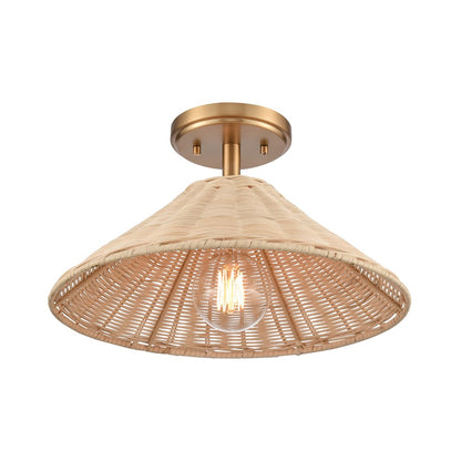 Atlas Lighting Rydell 14in 1-Light Semi-Flush Mount | Transitional Brushed Gold and Natural Rattan | Entryway & Hallway | Model CL12419-GD