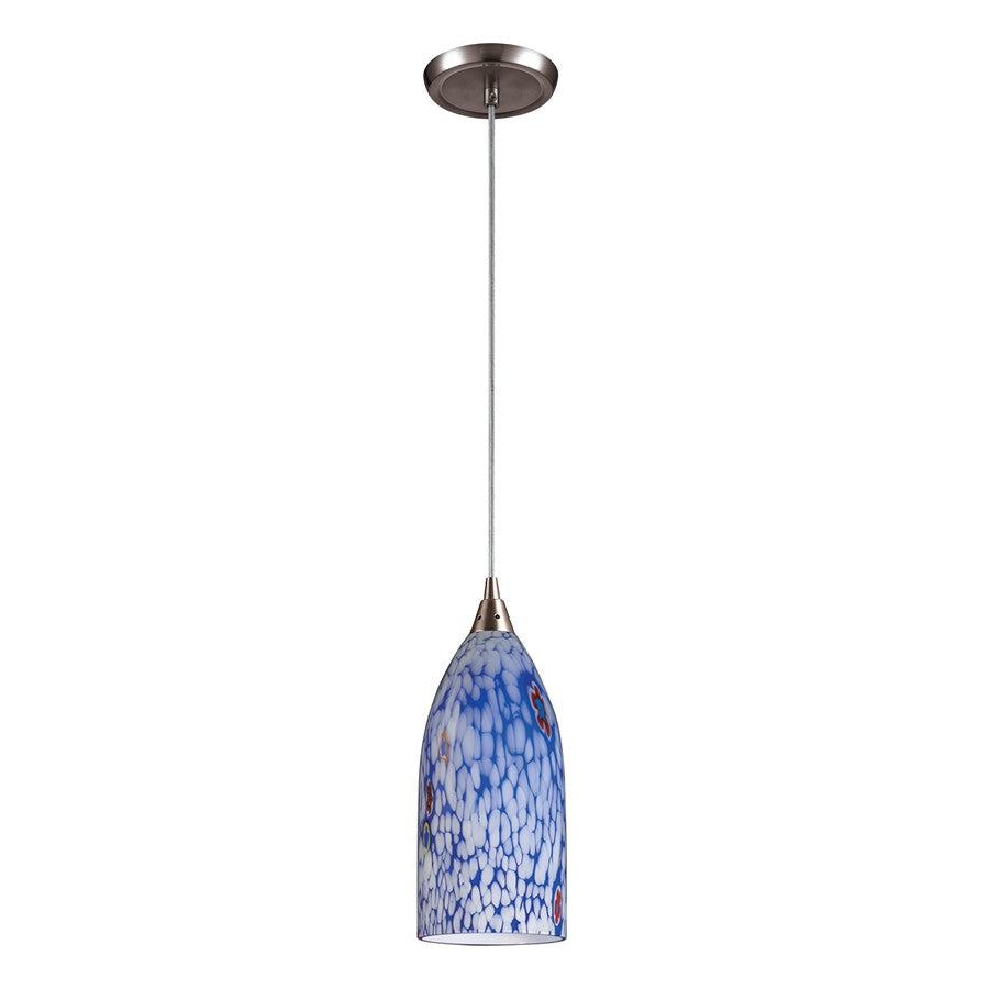 Atlas Lighting Verona 5in 1-Light Pendant | Transitional Satin Nickel and Blue Glass | Kitchen Island & Dining Room | Model CL12483-BL1