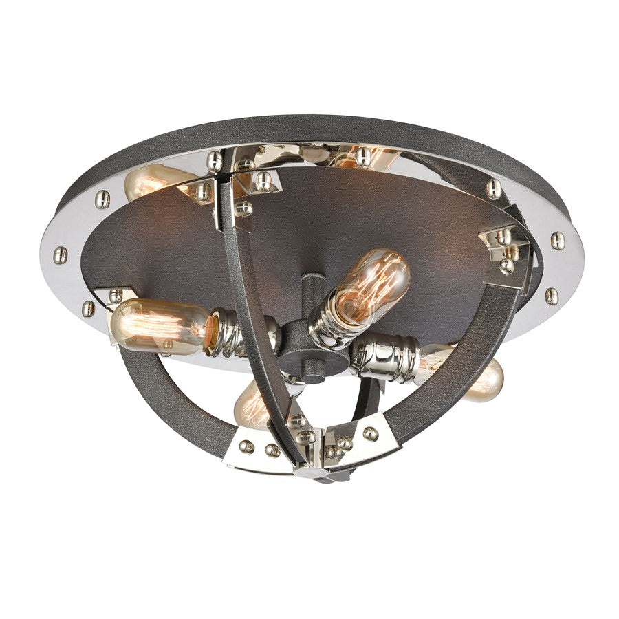 Atlas Lighting Riveted Plate 19in 4-Light Flush Mount | Industrial Silverdust Iron and Polished Nickel | Kitchen & Hallway | Model CL12525-SV